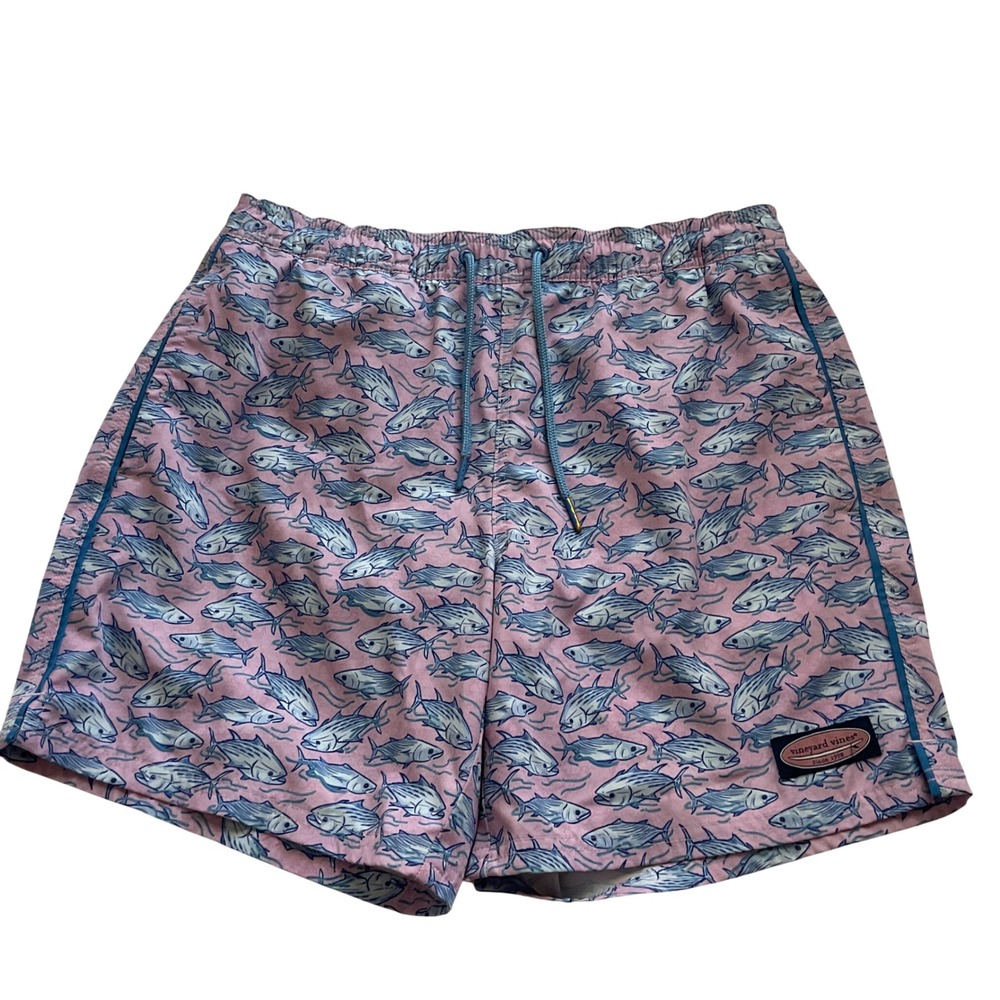 Vineyard‎ Vines Men's Pink and Blue Fish Print Lined Swim Trunks - Size Small